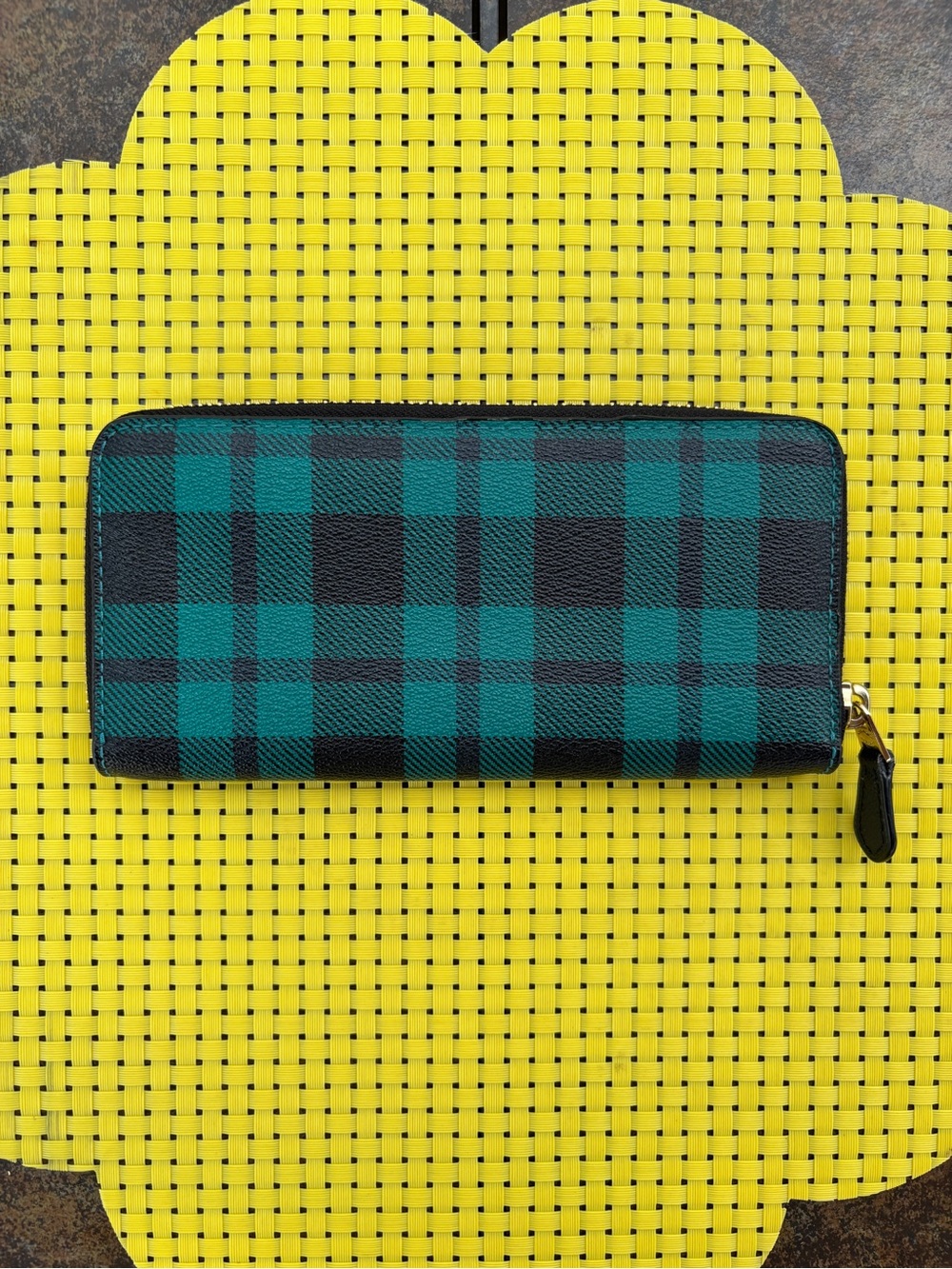 Coach Riley Plaid Coated Canvas Slim Accordion Zip Wallet in Teal and Black - Picture 2 of 8